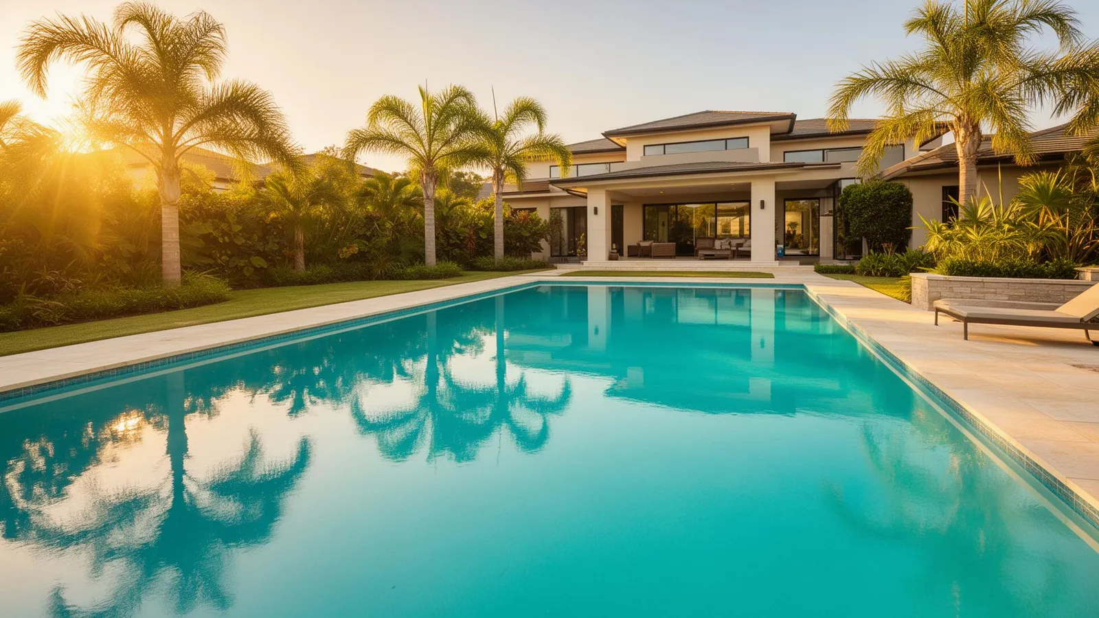 Crystal-clear residential backyard pool at golden hour with palm trees and modern home